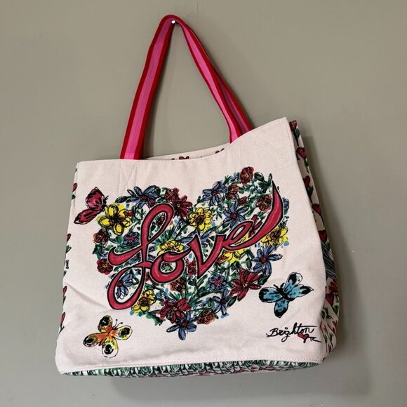 Brighton Beige Cream Pink Red Striped Birds Love Tweet Tote Bag Limited Edition - Picture 3 of 10